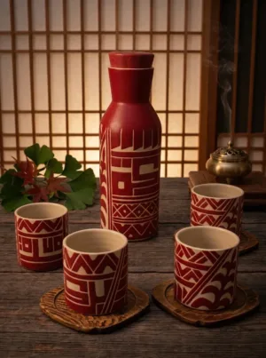 A set of oriental serving ceramics with geometric engravings.