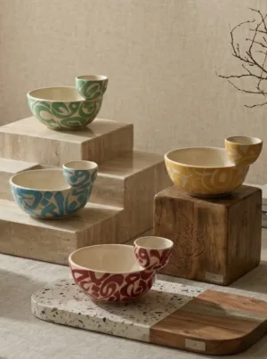 A serving bowl with an integrated sauce dish