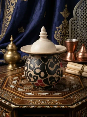 A ceramic cookie jar with Arabic engravings