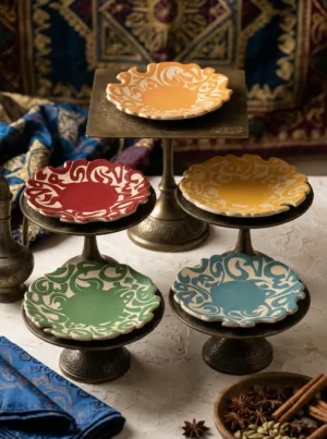 Elegant serving plates with vibrant colors.
